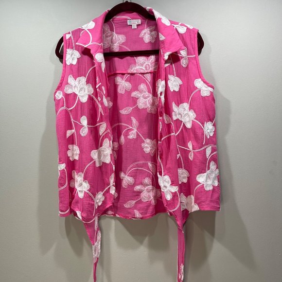 CABANA CAY Women's Embroidered Floral Sleeveless Top Tank Tie Waist Pink Size L - Picture 3 of 11